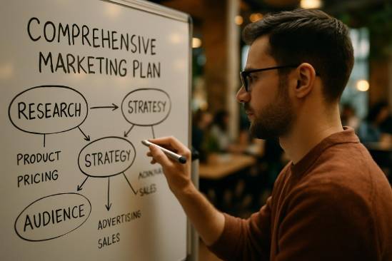 modern fractional CMO renovation, analytical, designing plans, photorealistic, modern conference room with digital screens, highly detailed, electronic blueprints, macro photography, monochrome, diffused overhead lighting, shot with an ultra-wide-angle lens.