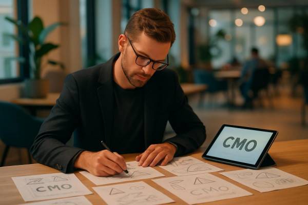 cutting-edge fractional CMO design, creative, sketching concepts, photorealistic, sleek coworking space with digital pads, highly detailed, scattered sketches, high-definition clarity, pastel, ambient lighting, shot with an 85mm lens.