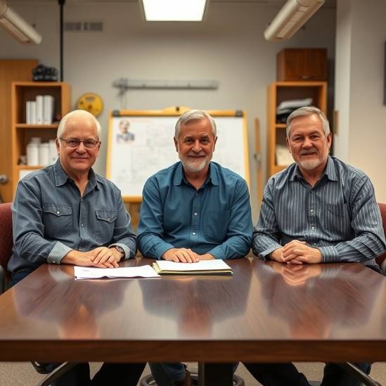 Three middle-aged men at a home improvement company conference table.