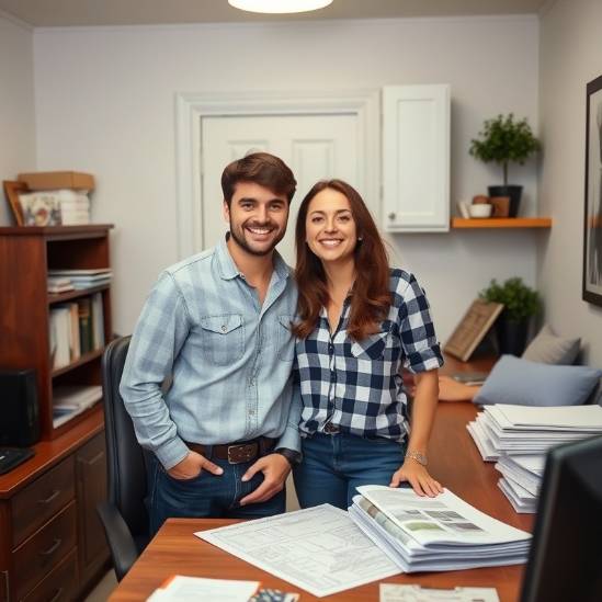 Young couple in a cozy office planning kitchen renovations together.
