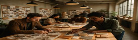 collaborative fractional CMO renovation, innovative, arranging materials, photorealistic, open-floor design studio with diverse teams, highly detailed, mood boards, cinematic depth of field, earth tones, diffused sunlight, shot with a tilt-shift lens.